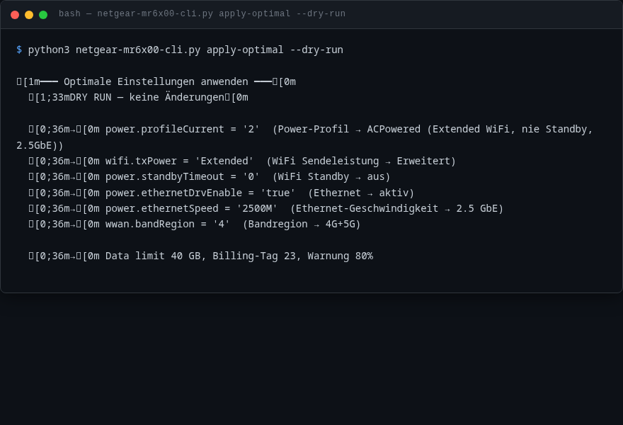 Netgear MR6450 CLI: apply-optimal --dry-run zeigt alle Einstellungen die optimiert werden