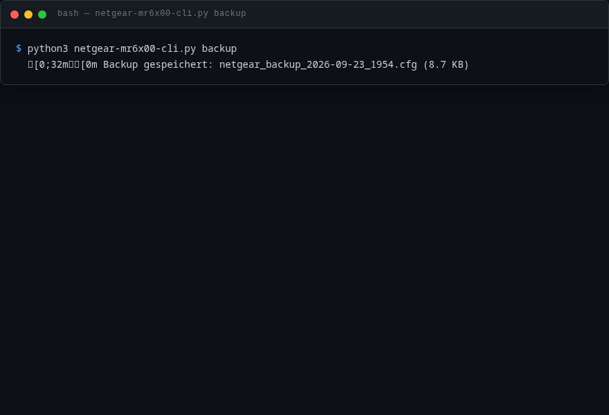 Netgear MR6450 CLI: backup-Befehl speichert die Konfiguration als .cfg Datei