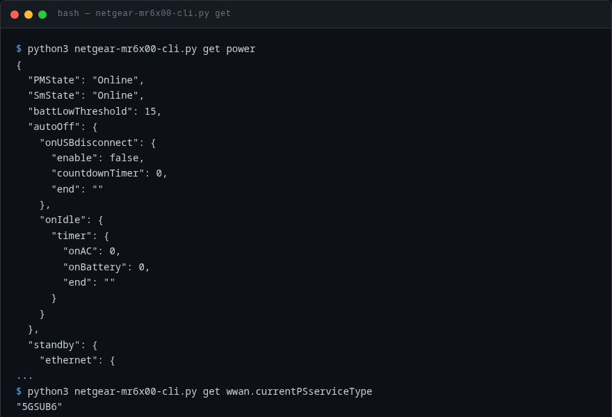 Netgear MR6450 CLI: get-Befehl liest beliebige Werte aus der Router-API (power-Sektion)