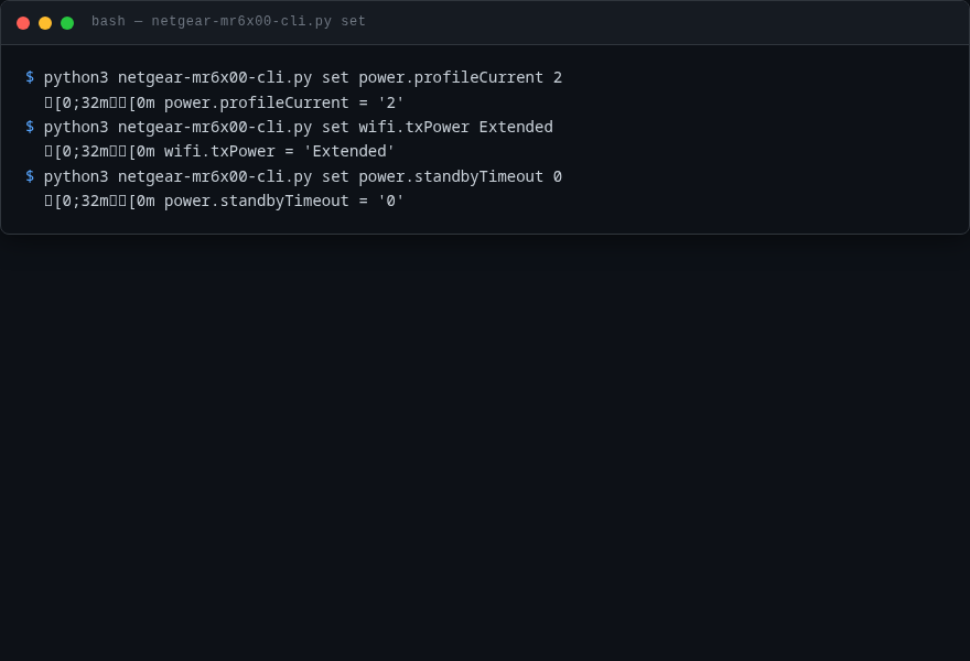 Netgear MR6450 CLI: set-Befehl ändert einzelne Router-Einstellungen