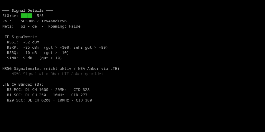 Netgear MR6450 CLI: signal-Ausgabe mit LTE CA-Bändern und Signalwerten