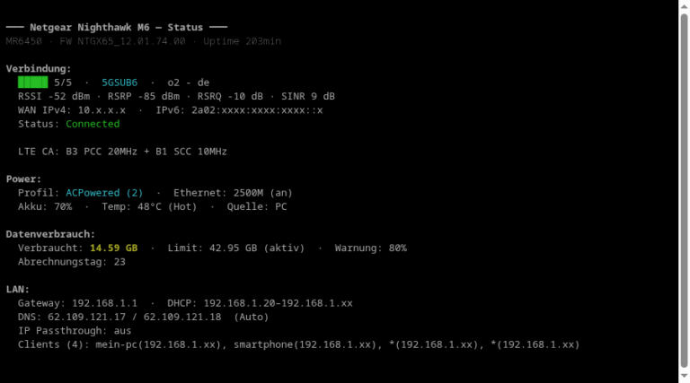 Netgear MR6450 CLI: status-Ausgabe mit Verbindung, Signal (5 Balken), Power-Profil ACPowered und Datenverbrauch