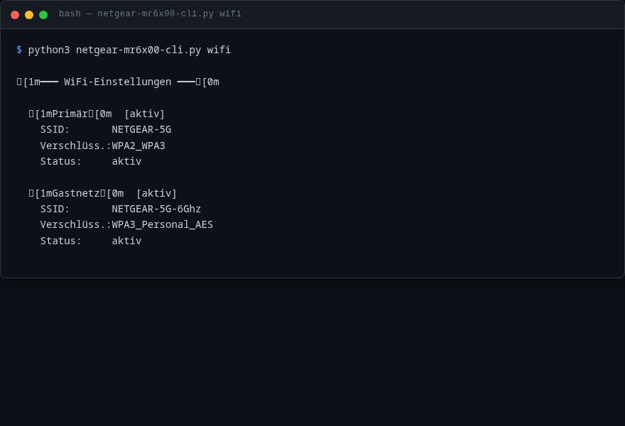 Netgear MR6450 CLI: wifi-Befehl zeigt SSID, Verschlüsselung und Gastnetz